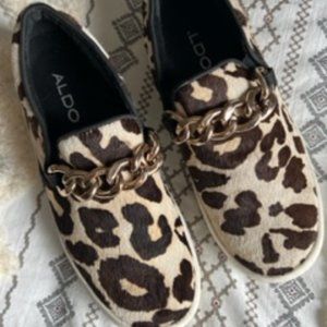 Aldo Brand Leopard Print Slip-On with Gold Chain Accent